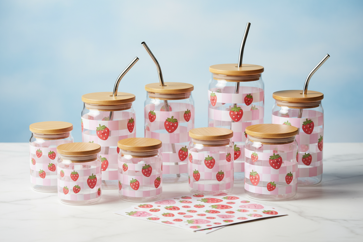 Strawberry glass jars with wooden lids